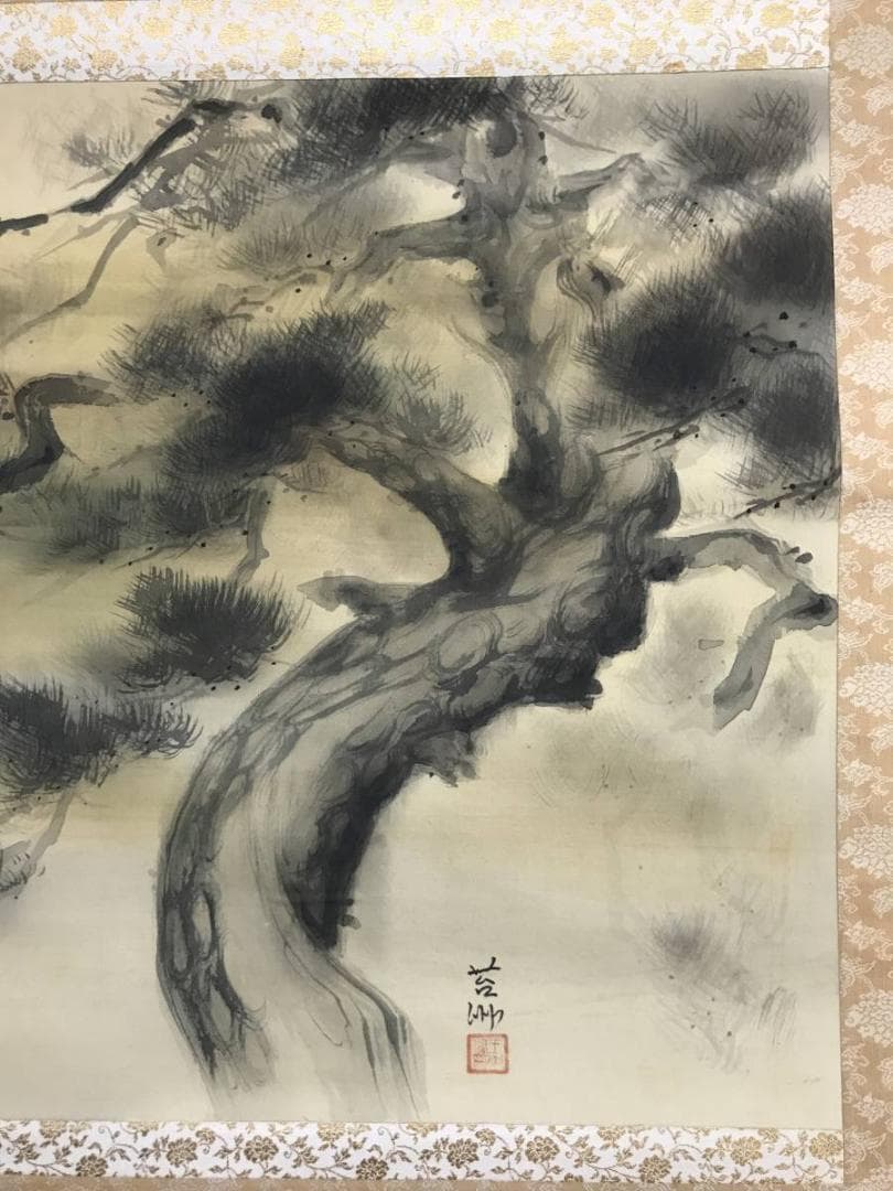 【真作】苔洲/老松日ノ出図/松図/横物/掛軸/名家伝来/AD-73