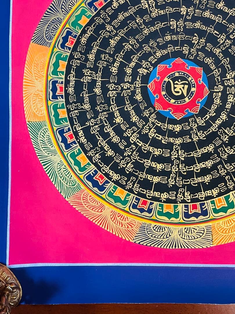【手描き一点物】チベット密教 曼荼羅タンカ 六字真言入り／開運・護符・浄化p