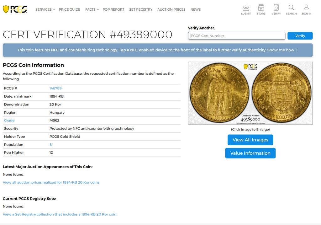 1894年 ハンガリー フランツ・ヨーゼフ 20コロナ金貨 PCGS MS62 - メルカリ