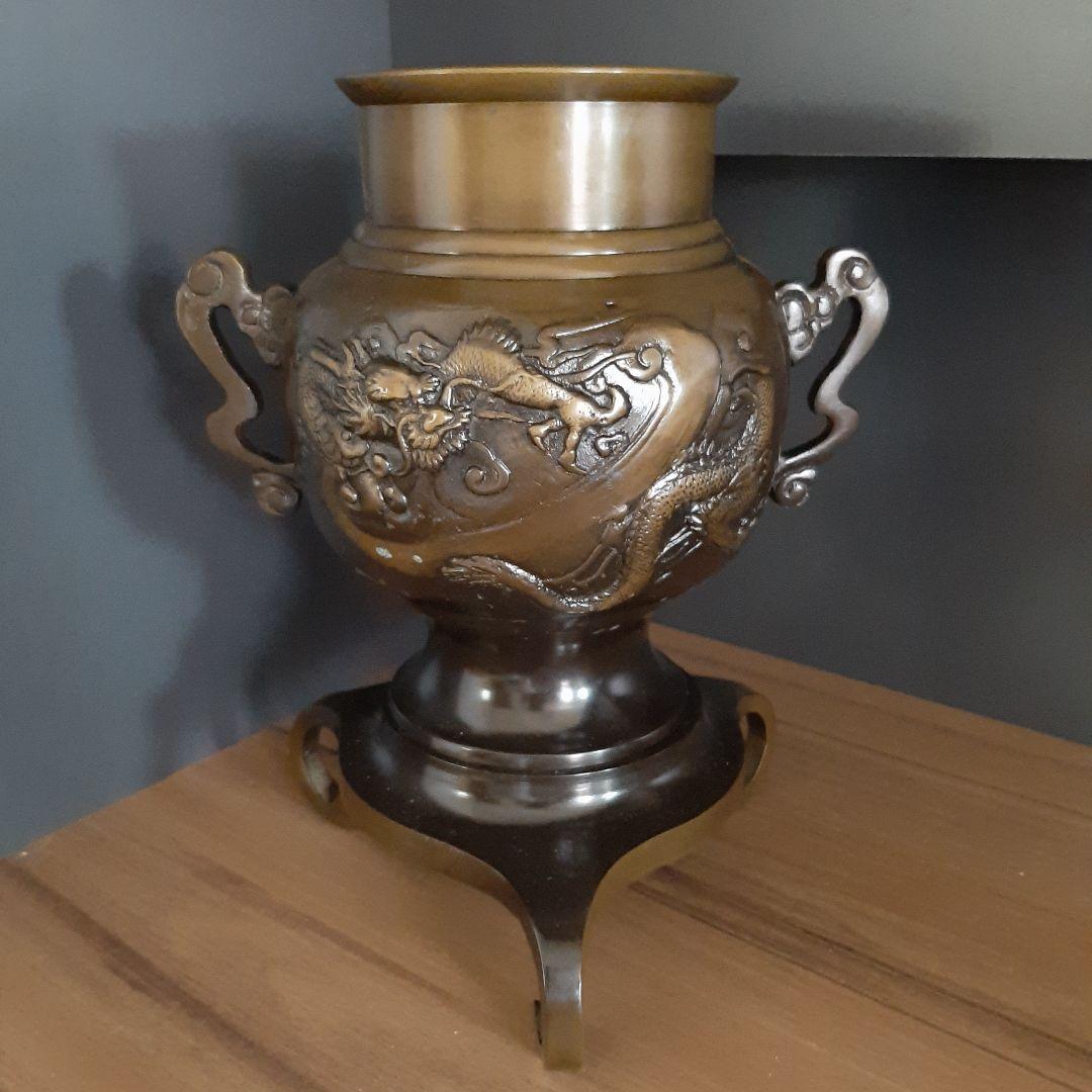 竜 虎柄】唐金製 薄端 うすばた 生け花 花器 池坊 花瓶 銅器 華道具 鋳