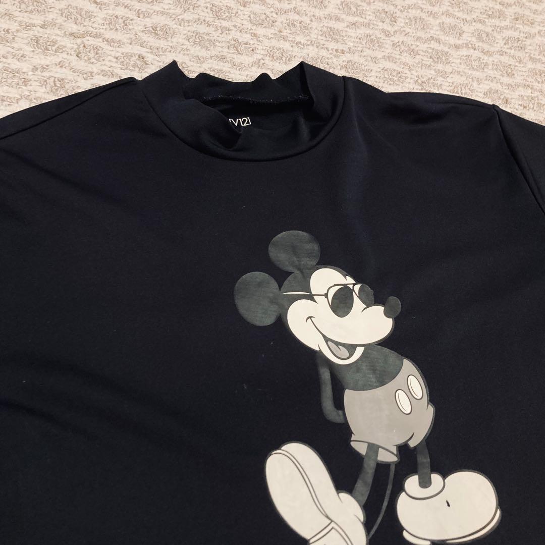 V12 ミッキーマウス 半袖モックネックシャツ ブラック【色褪せ、毛