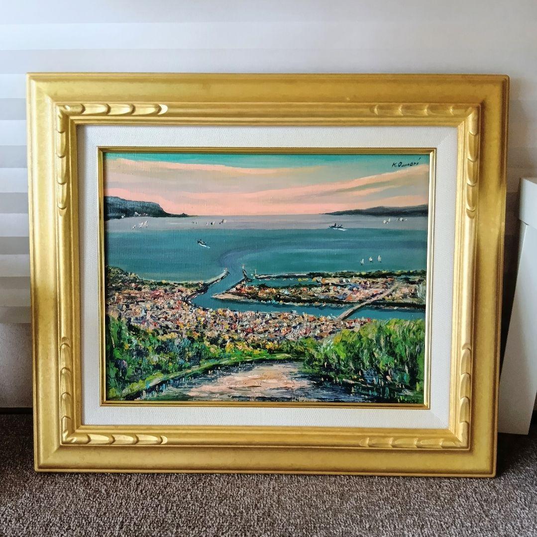 再セールラスト♥画家 御守一光 海の風景画 油彩朝焼の沼津港湾 船出