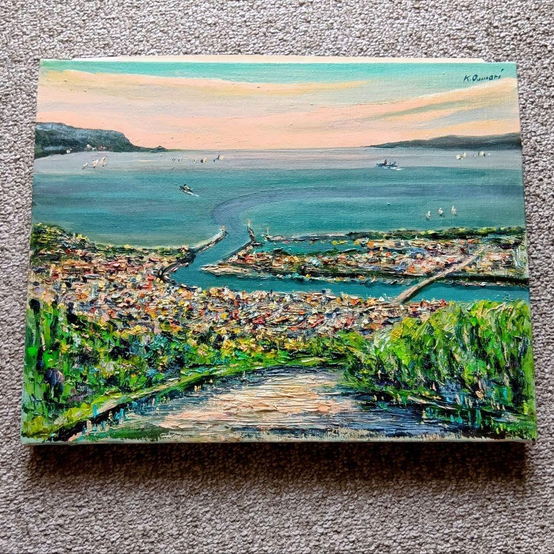 再セールラスト♥画家 御守一光 海の風景画 油彩朝焼の沼津港湾 船出