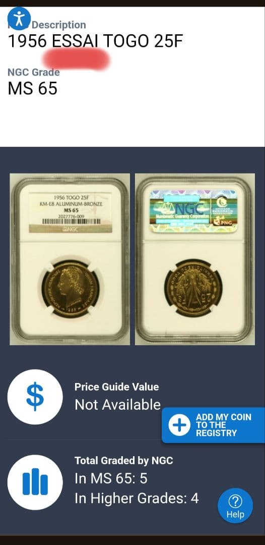 試鋳貨）トーゴ 女神像 25フラン アルミ青銅貨 NGC鑑定済み MS65