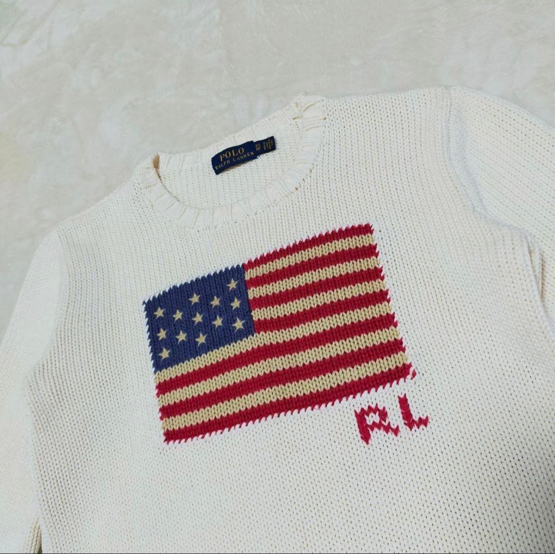 希少オフ白】ラルフローレン 星条旗 コットンニット XS 美品