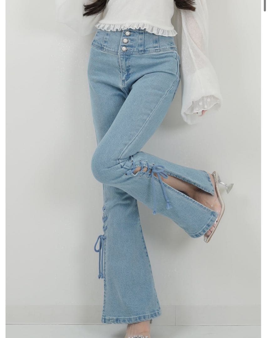 Lumignon ルミニョン デニムパンツ ブルー Sサイズ 春 丈が選べる》ストレートデニムパンツ【洗濯機洗い可】（フルレングス