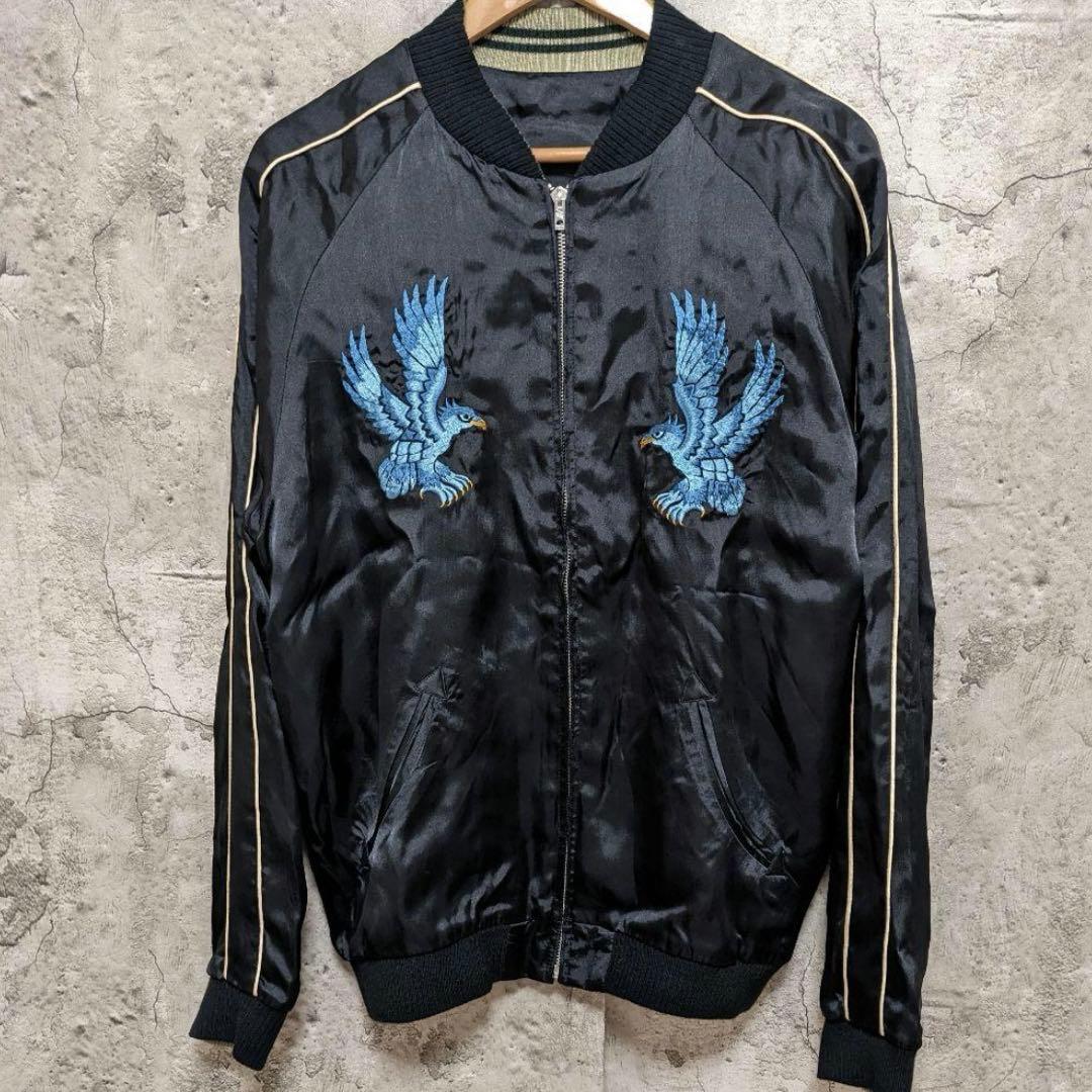 スカルワークス スカジャン XL 青鷹刺繍 リバーシブル ブラック 鷹松桜