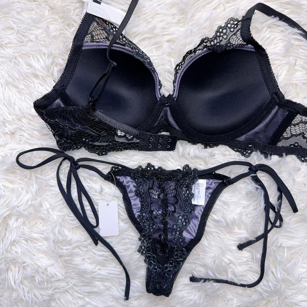 ブラショーツセット D65 リボン 黒×紫 Tバック セクシー 下着 7003m