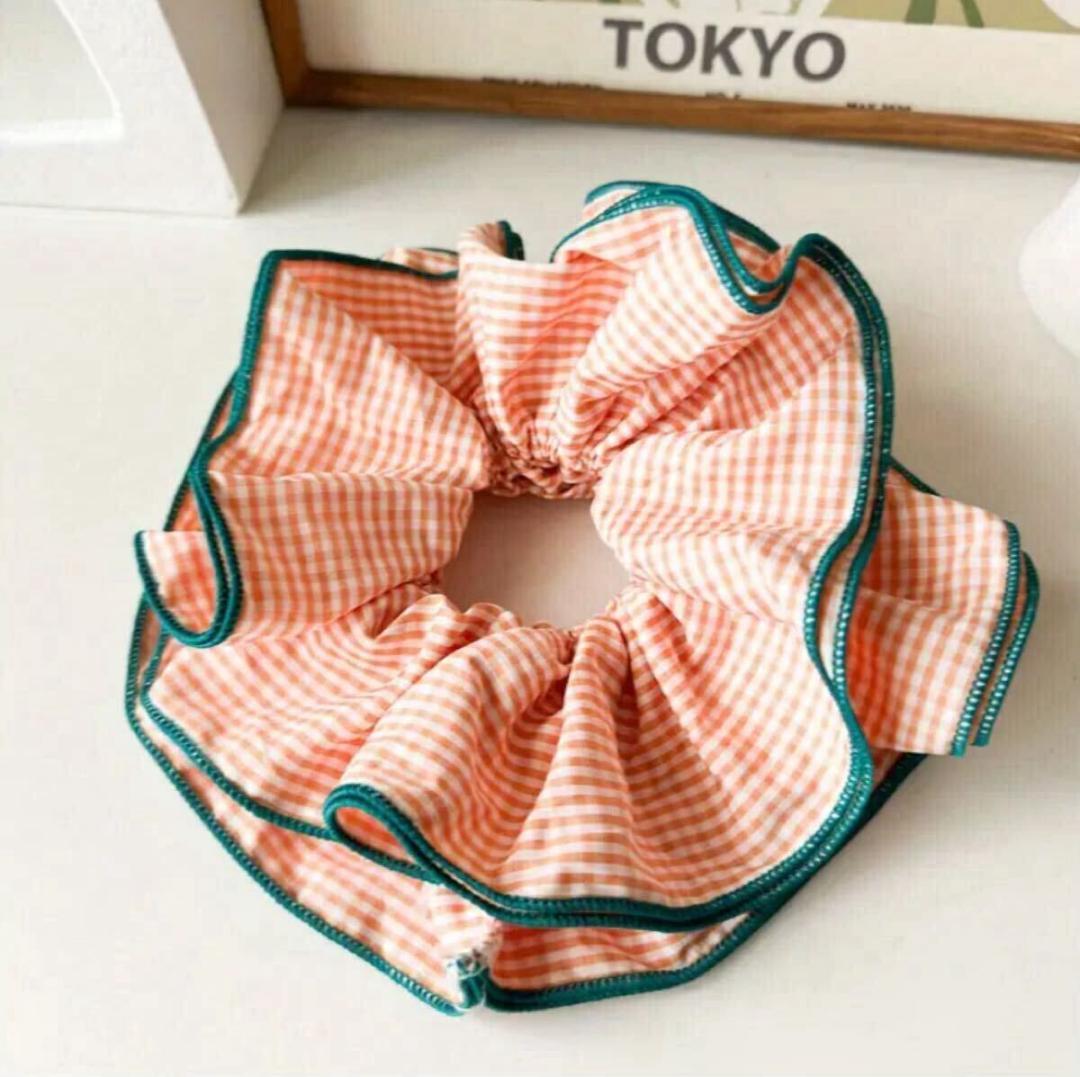 ギンガムチェック柄 シュシュ チェック ポニー かわいい 緑×オレンジ