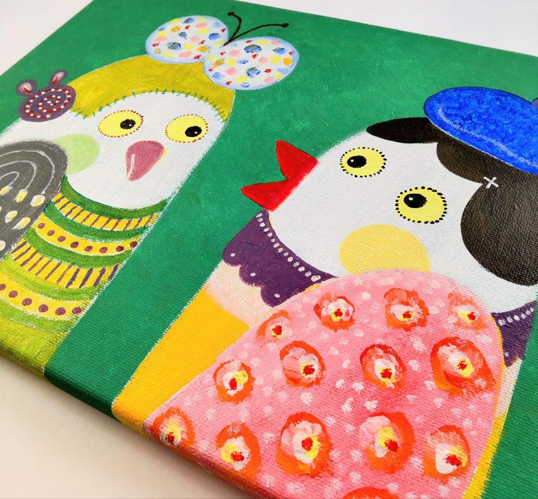 絵画 原画『話せる聞ける』キャンバス(F4号) 一点物 真作 鳥 インテリア