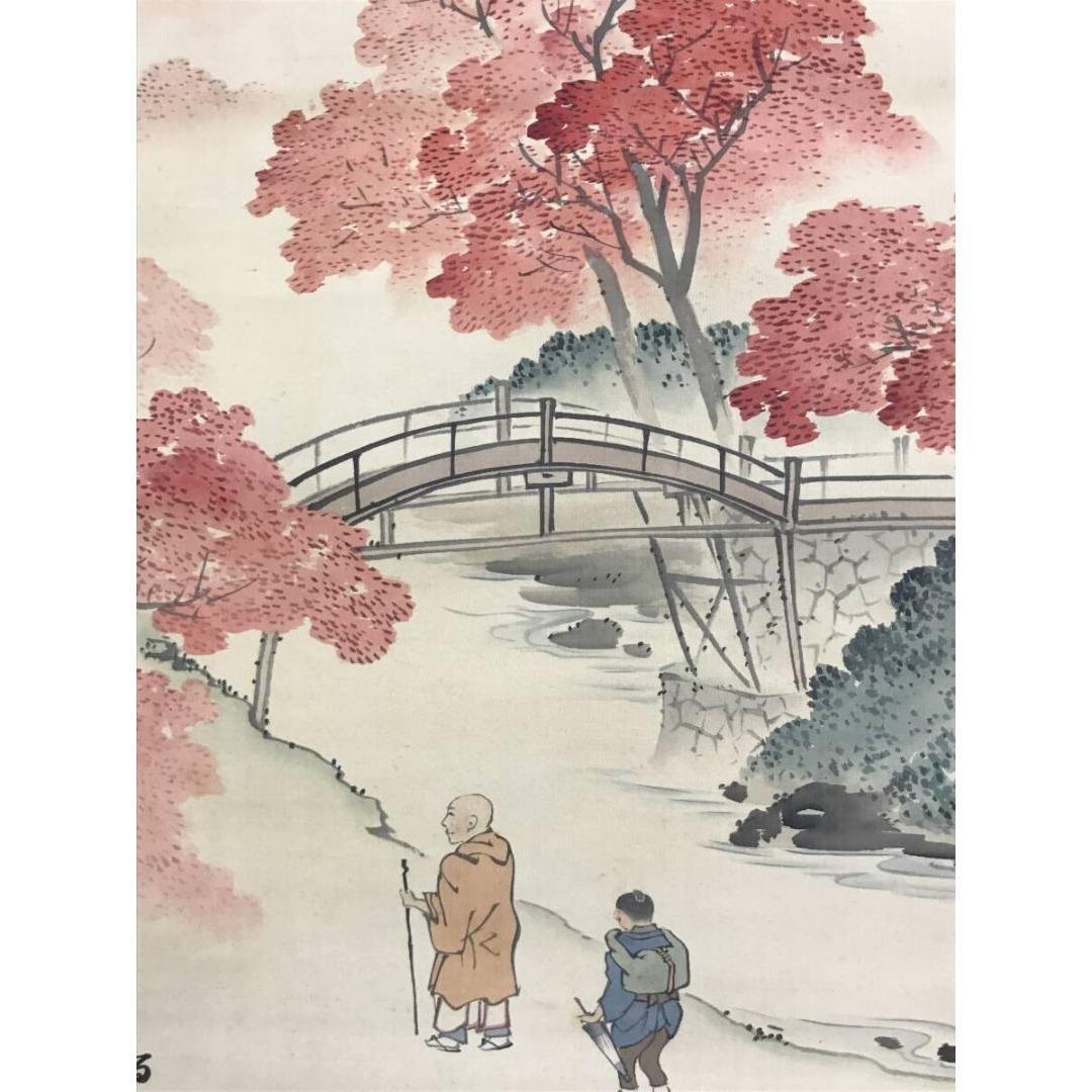 真作/鈴木百年/嵐山秋景山水人物図/秋の掛軸/掛軸☆宝船☆AK-887