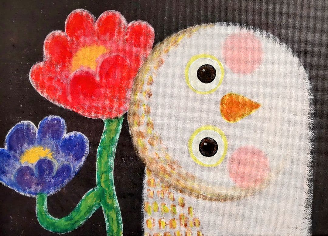 原画 フクロウ 花 福 幸せ アクリル画 キャンバス(F4号)『かもね』