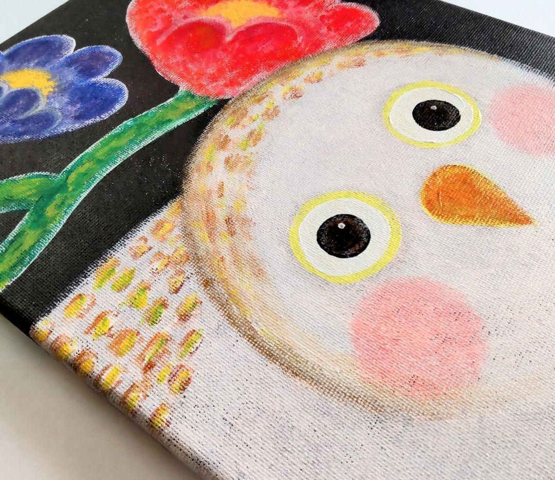 原画 フクロウ 花 福 幸せ アクリル画 キャンバス(F4号)『かもね』