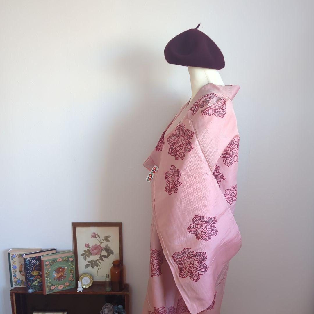 大正ロマン アンティーク 時代着物 ピンク 素敵な花柄 身丈147㌢ 和洋