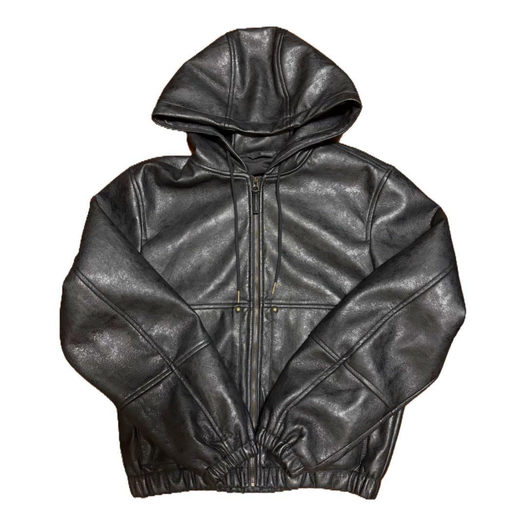 ZARA レザー ジップパーカー フーディー - メルカリ