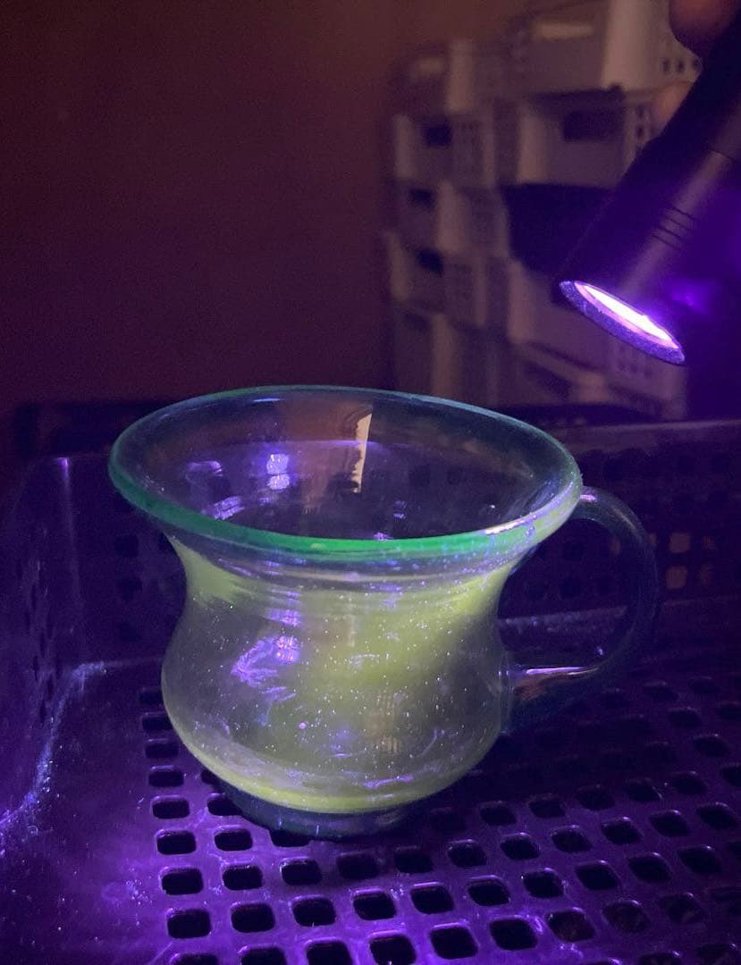 骨董 時代ガラス 希少青緑色フチ 取手付き アイスクリームグラス 氷コップ