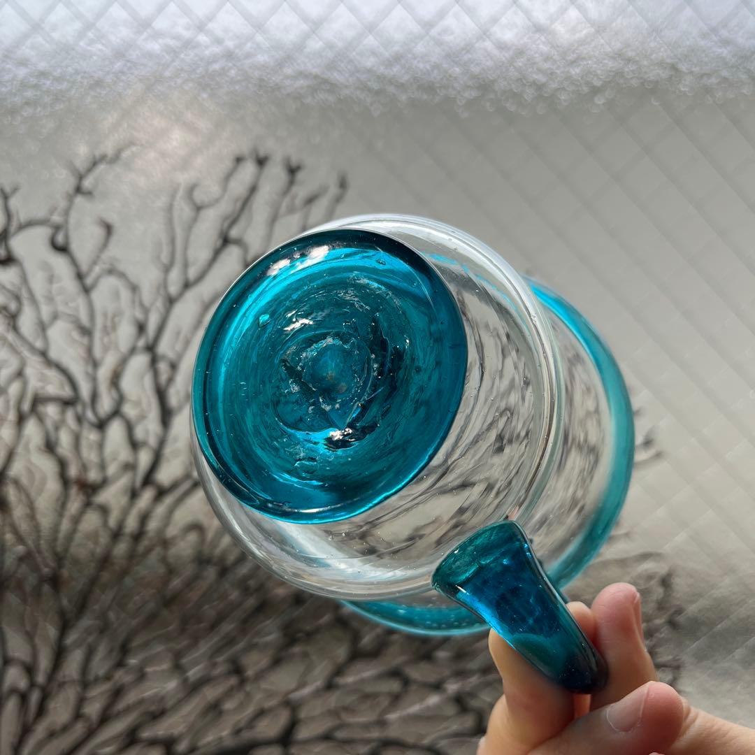 骨董 時代ガラス 希少青緑色フチ 取手付き アイスクリームグラス 氷コップ