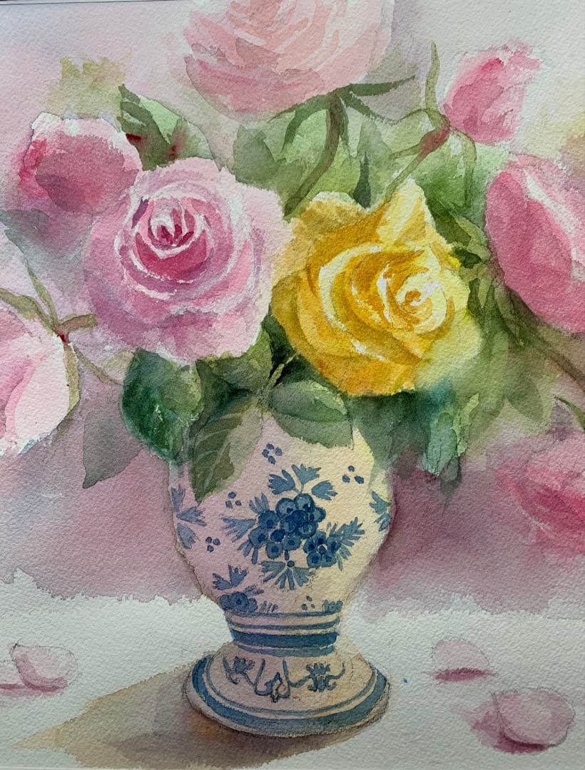 透明水彩画原画美しい薔薇とデルフト焼きの花瓶① - メルカリ