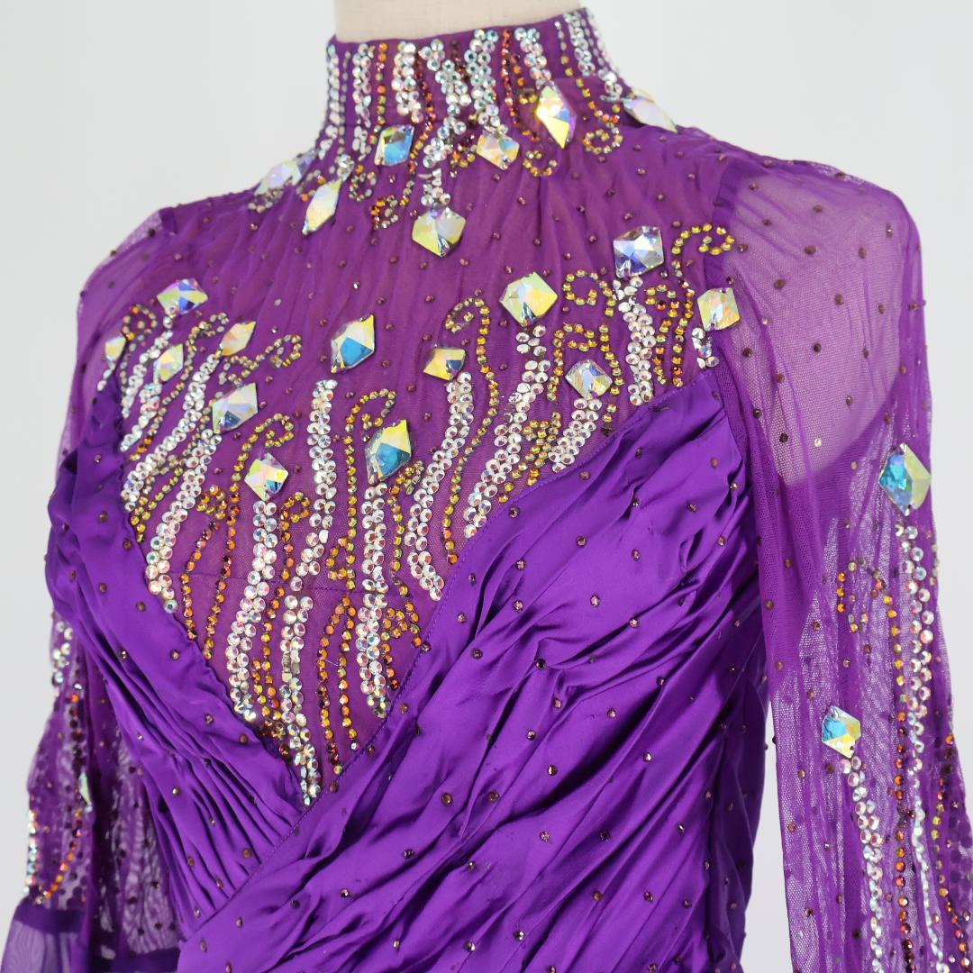 社交ダンス衣装】パープル ワンピース ドレス 紫 フリル レース 高級感