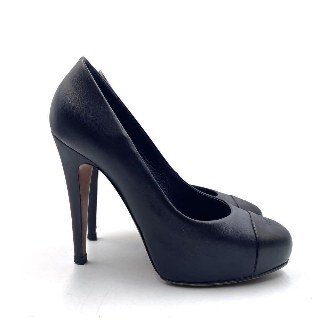 《超美品》シャネル 厚底 パンプス ココマーク バイカラー 紺黒系 37 箱あり