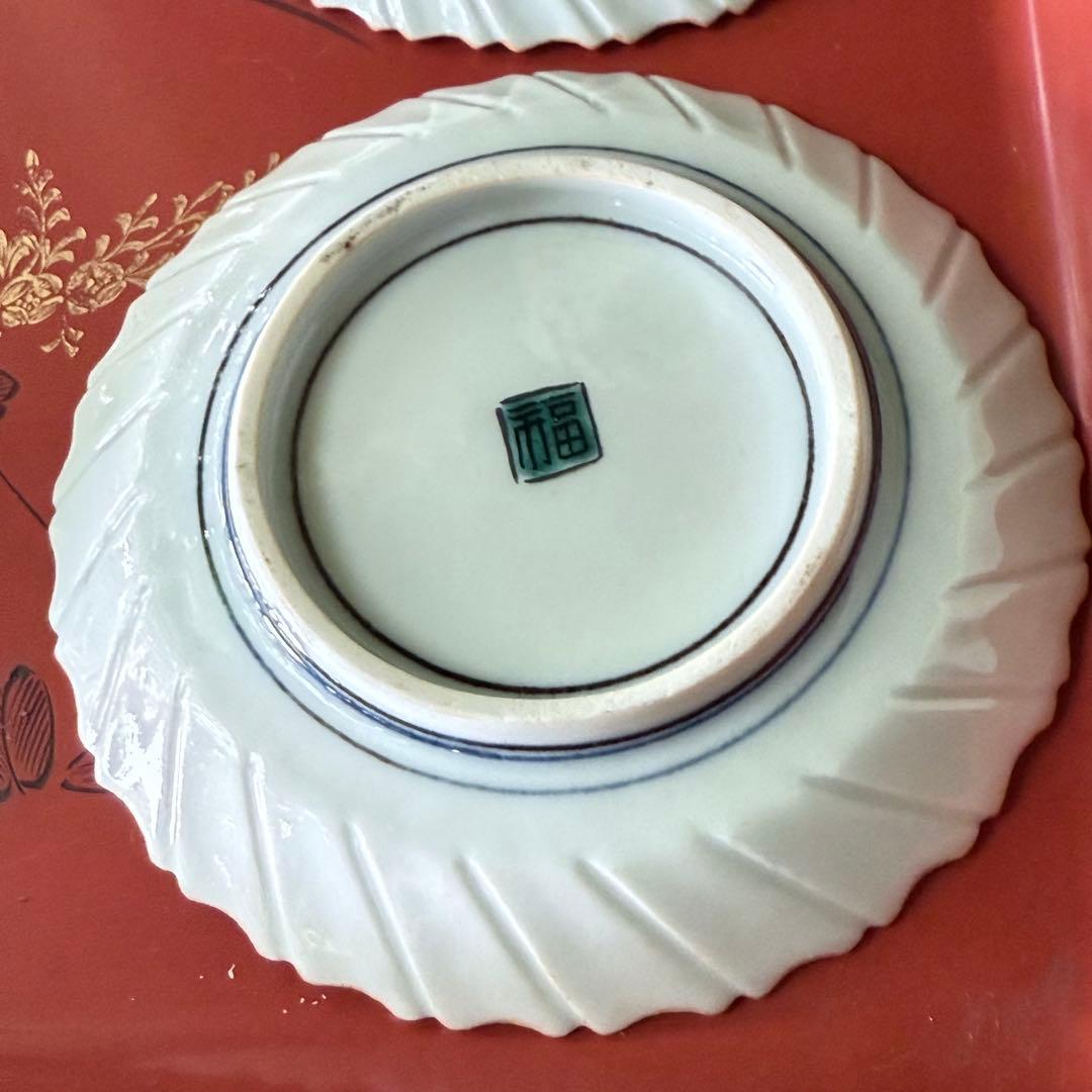 2164感謝‼️夏の倣い古九谷‼️幸せ強運の色絵花鳥図在銘福波打つ小皿4
