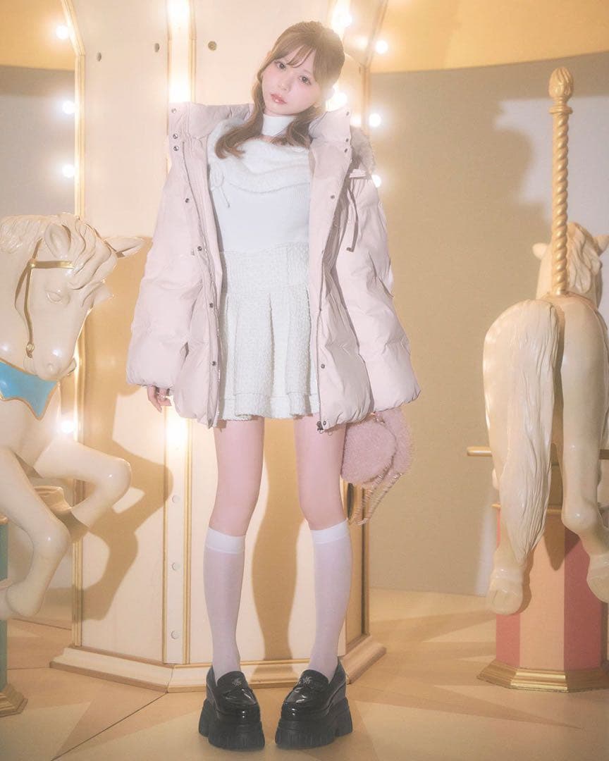 ミシェルマカロン ファーフードリボンダウンコート XS ピンク - メルカリ