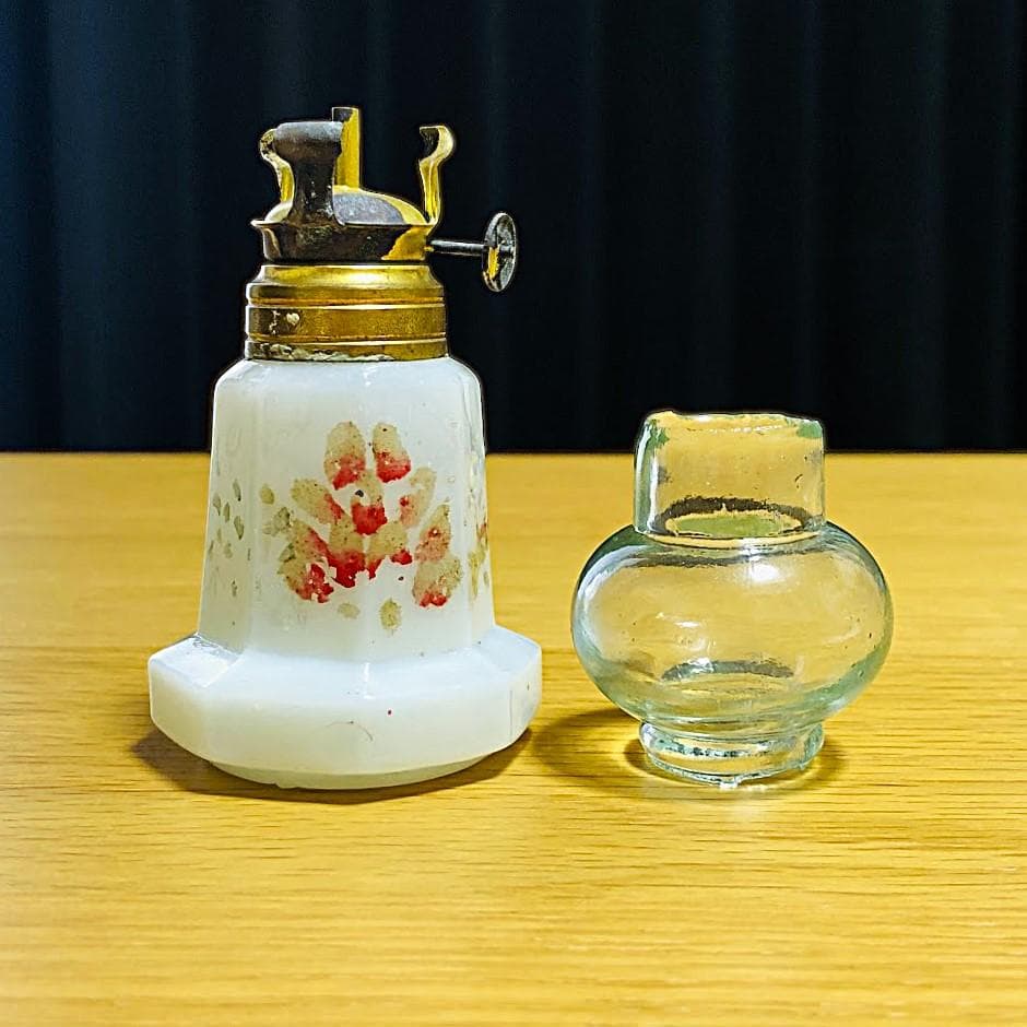 明治～大正 豆ランプ 花模様 乳白/エナメル彩 ウランガラス 検索