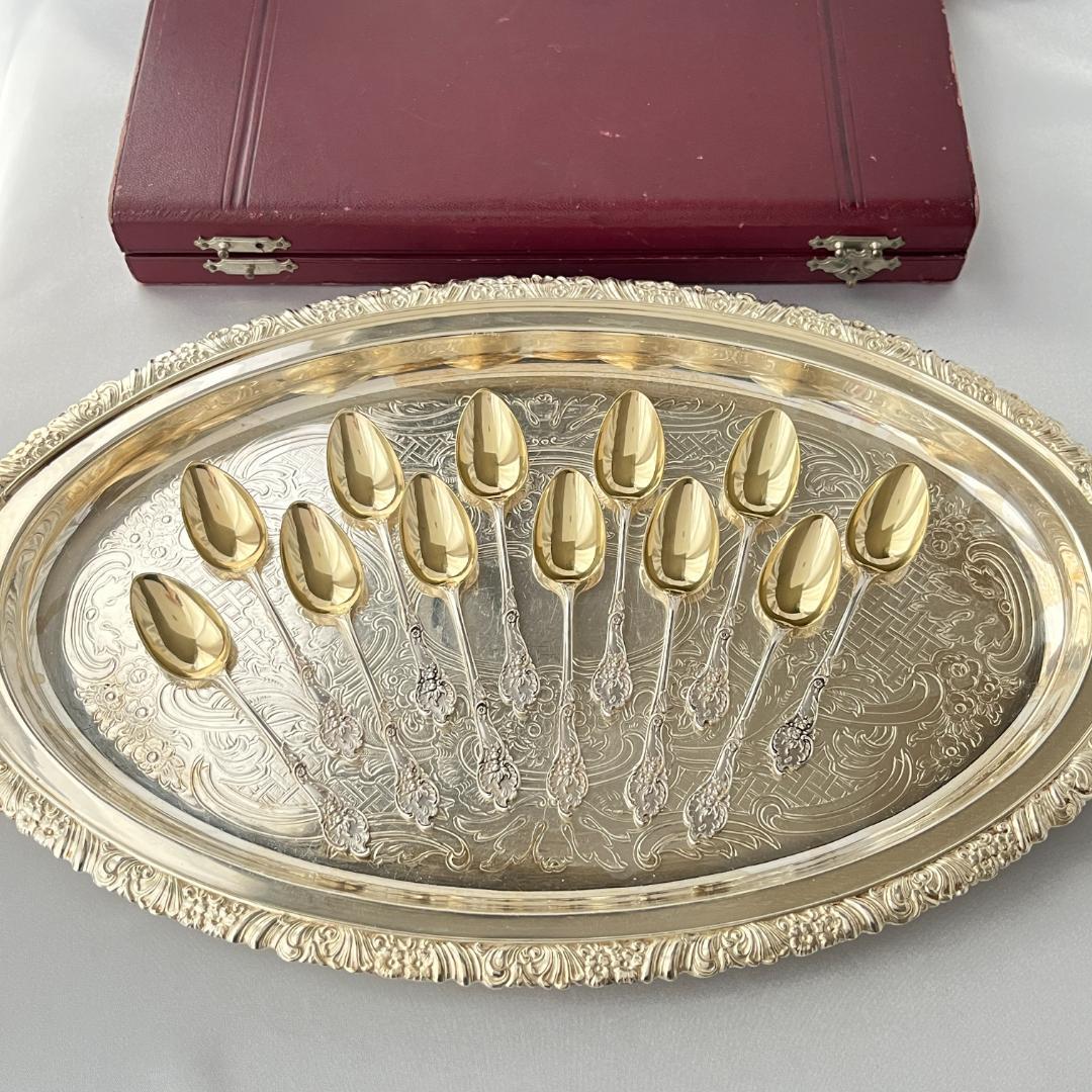 【ドイツ】レリーフのモカスプーン 12本【純銀】 10.5cm ケース