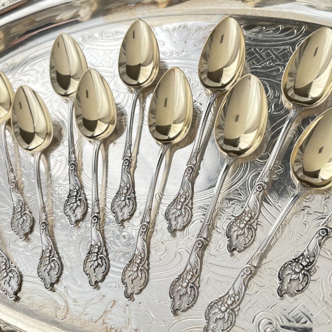 【ドイツ】レリーフのモカスプーン 12本【純銀】 10.5cm ケース