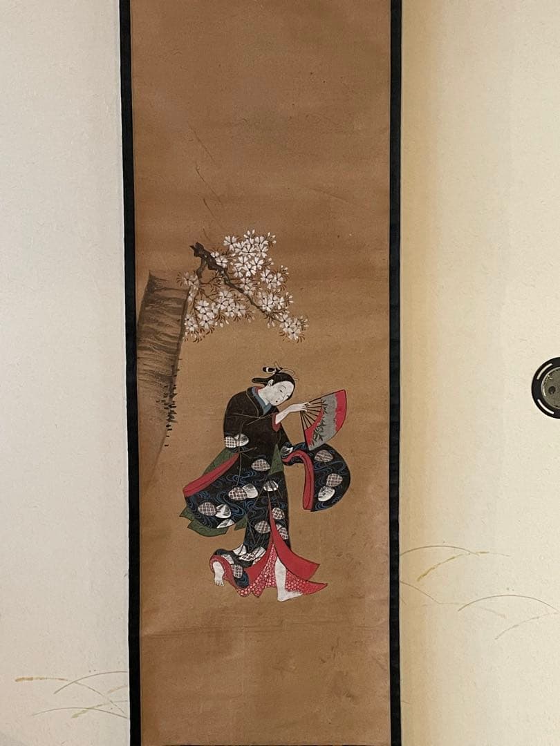 元禄 江戸前期 大津絵 若衆 桜 扇子 踊り 浮世絵 美人画 時代裂 肉筆画