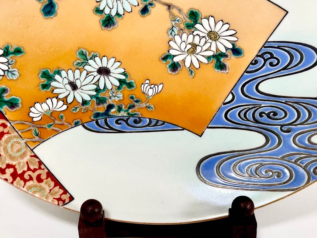 稀少 明治九谷の第一人者 松本佐平 松雲堂 五彩手流水草花文大皿