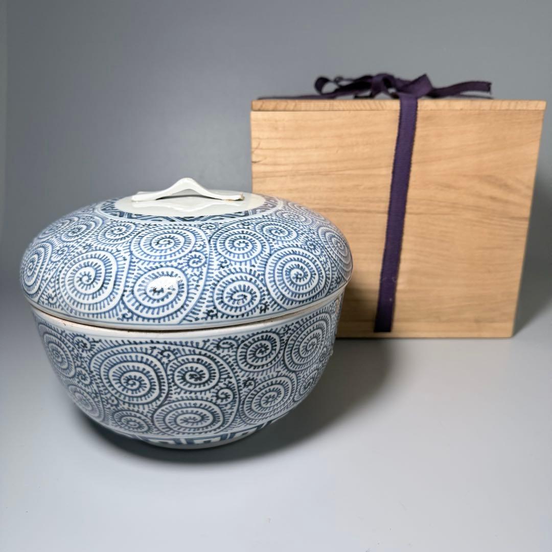 古伊万里 染付 蛸唐草 蓋付き鉢 直径21.5cm 共箱 蒐集家旧蔵品 状態