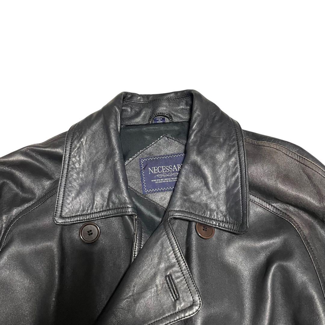 NECESSARY】羊革 本革 マキシ丈ラムレザーロングトレンチコート 黒 L