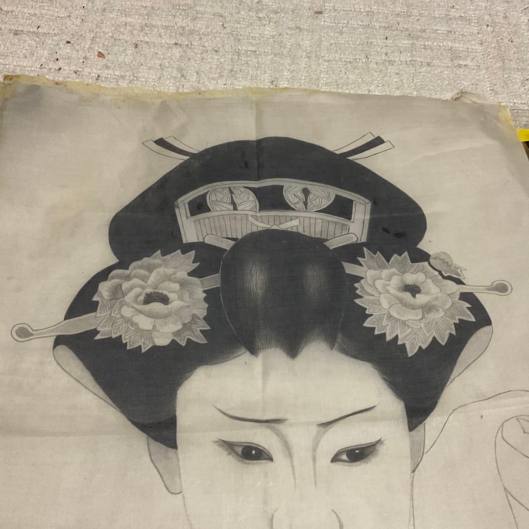 布絵　日本髪女性　【テープ痕、破れあり、折れあり】