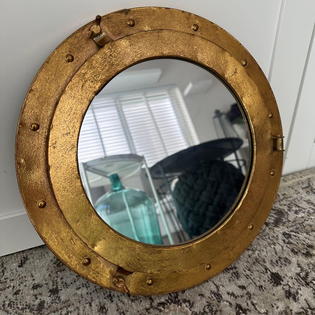 大型 船 舵 ヴィンテージ ポートホール 鏡 ミラー 船の窓 壁掛け サリュ