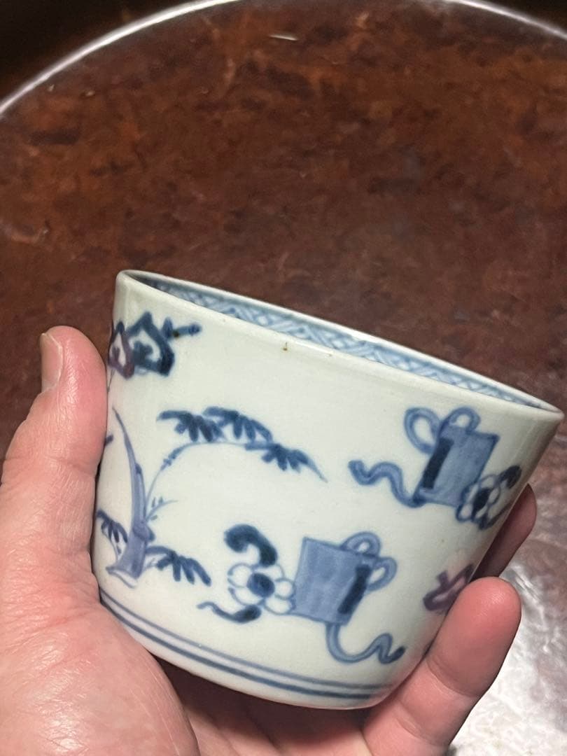 モダンデザイン 古伊万里 蕎麦猪口 散らし 無傷完品 大振り 松竹梅 柿