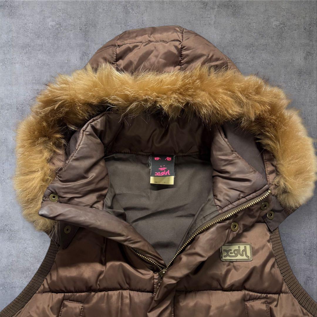 Y2K X-girl ファーダウン ベスト グランジ 平成ギャル白ギャルブラウン