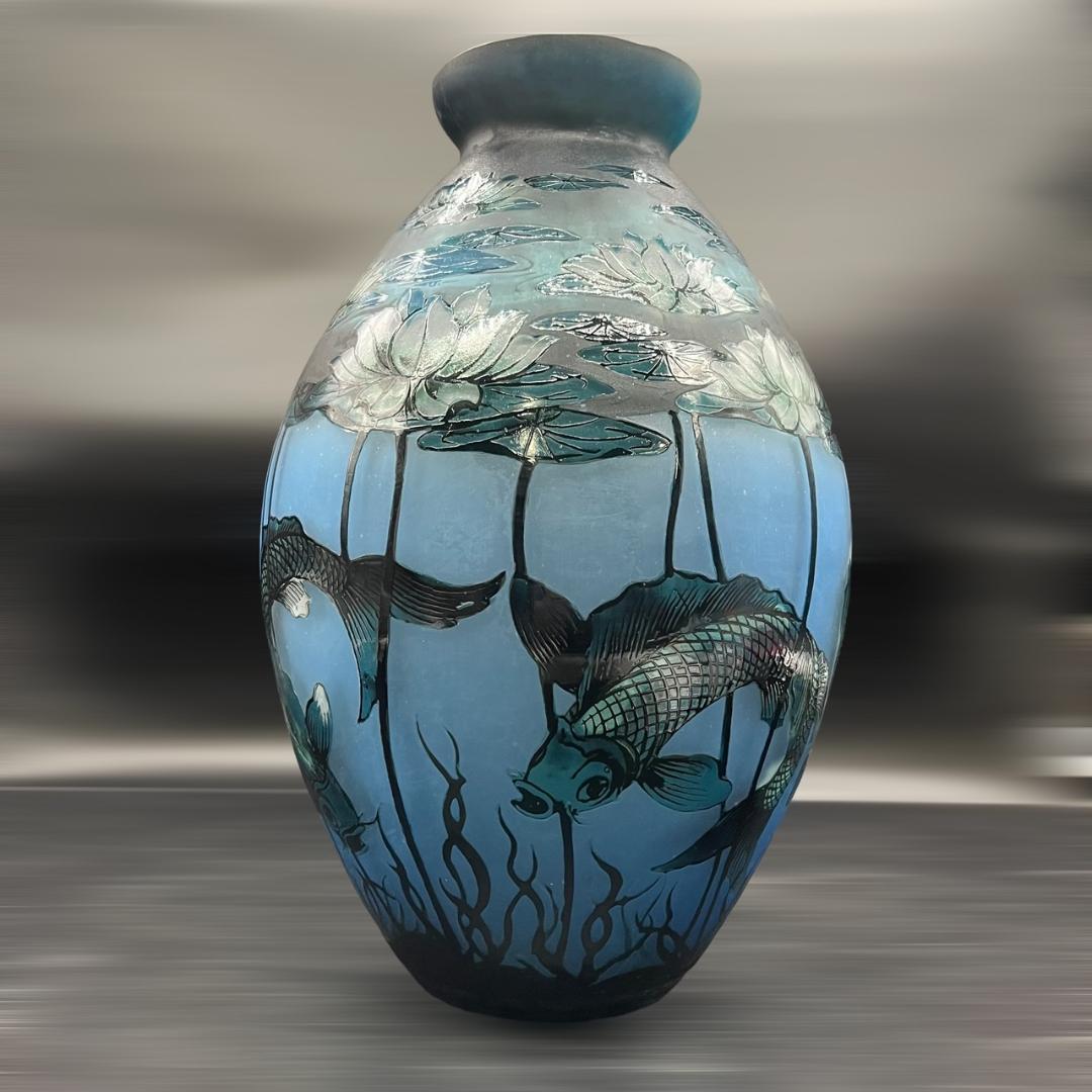エミールガレ 鯉紋 特特大 花瓶 カメオ彫り 被せガラス 高さ40cm