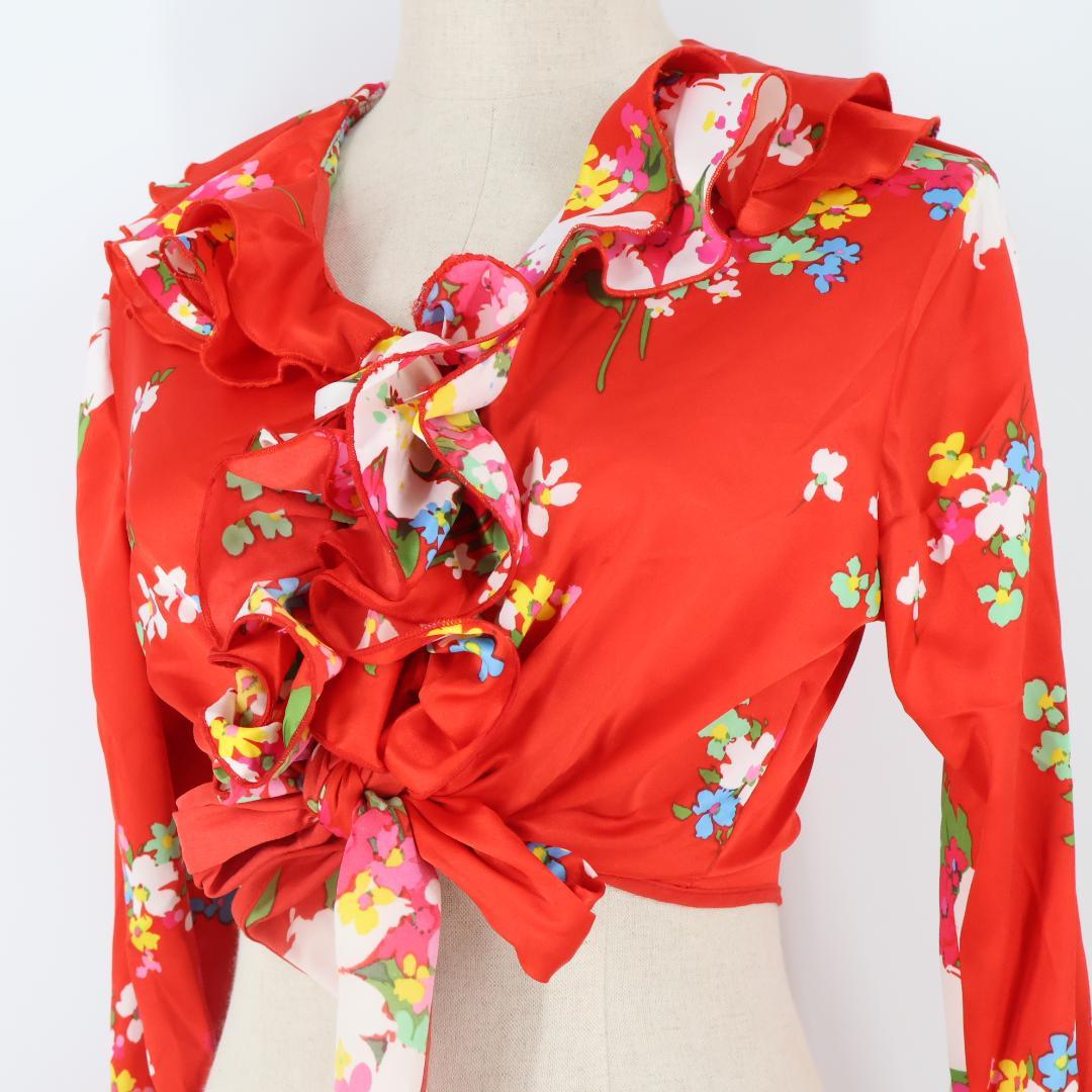 美品 フラメンコ衣装】レッド ブラウス トップス 赤 長袖 フリル 花柄