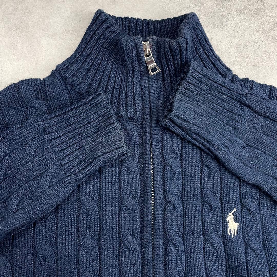 美品 ラルフローレン ケーブルニット ジップアップ ニット 白ポニー