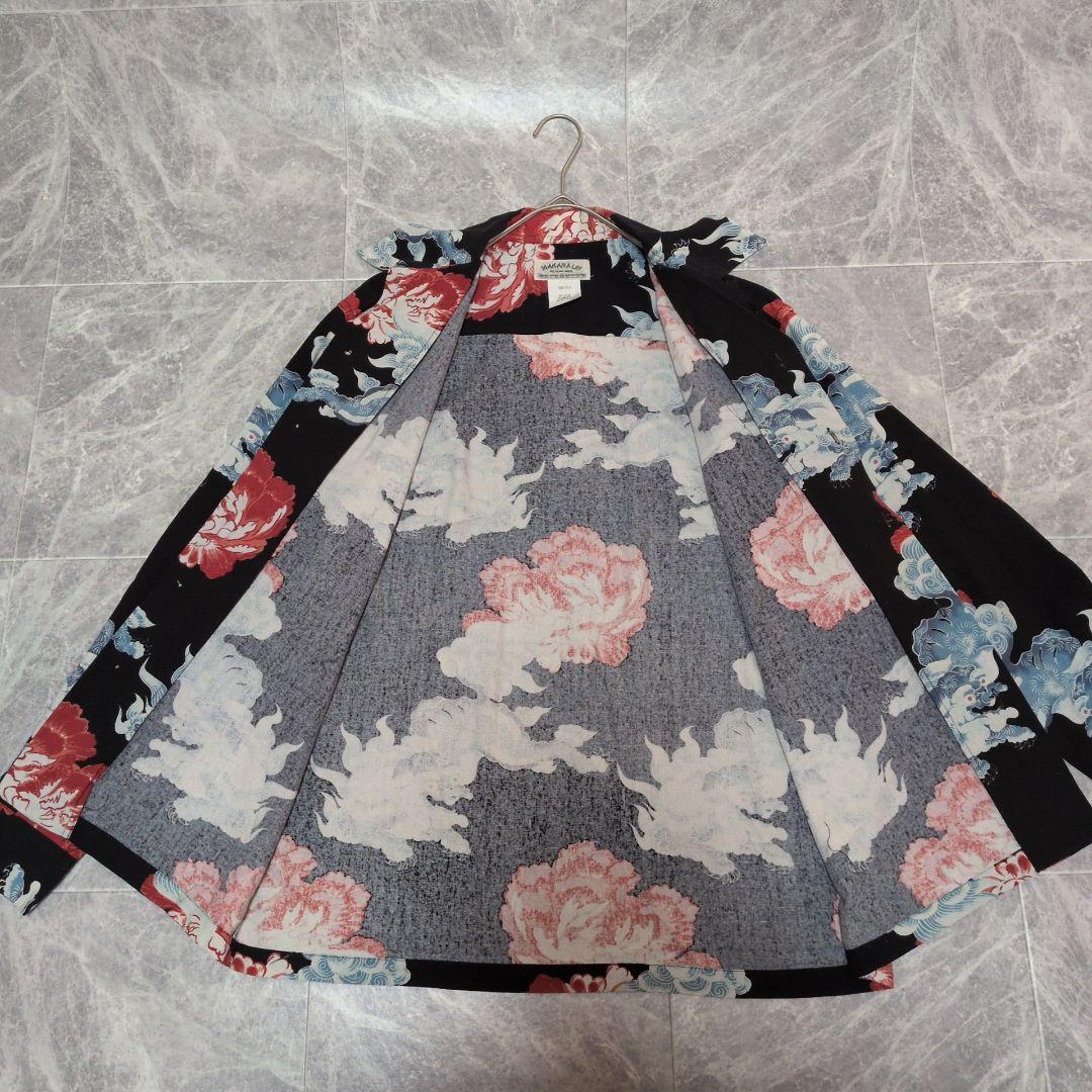 未使用級】マカナレイ 長袖アロハシャツ M シルク 獅子 牡丹 和柄