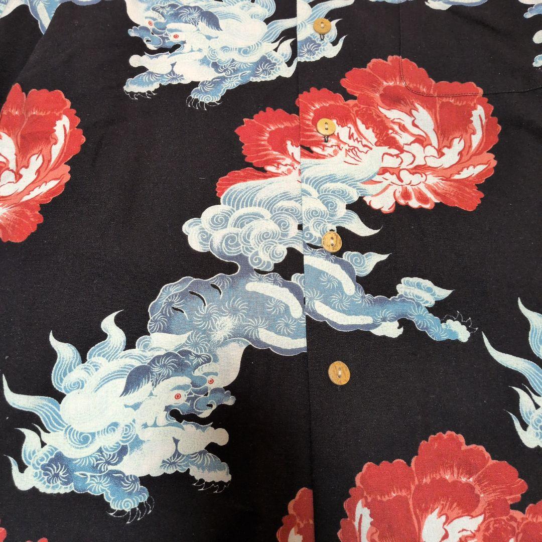 未使用級】マカナレイ 長袖アロハシャツ M シルク 獅子 牡丹 和柄