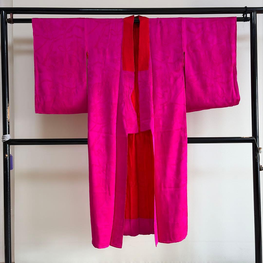 ね*こ様 □E5760□アンティーク□正絹錦紗□躑躅色 無地 袷 長襦袢□丈