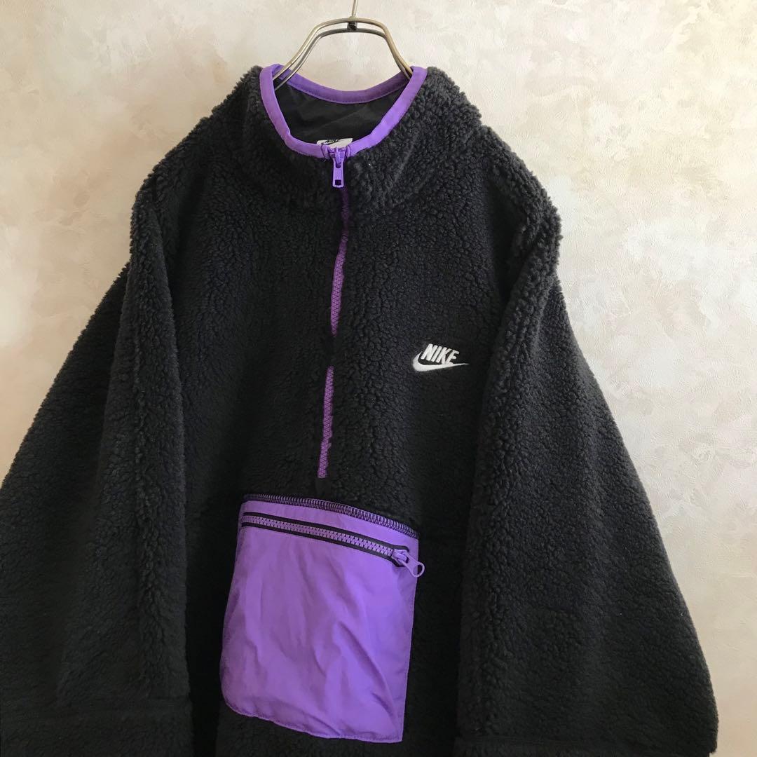 古着 NIKE ボアフリース ハーフジップ センターポケットブルゾン 黒紫