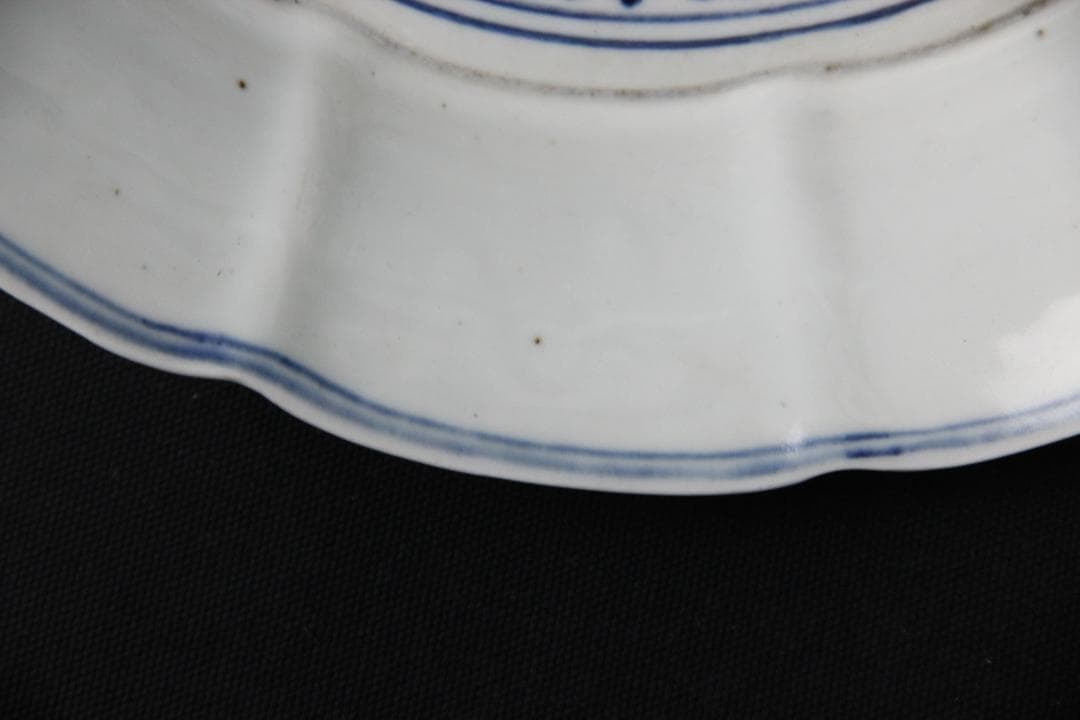 中国 清代 染付 青花双龍戯珠図 花口洗 大明宣徳年製 文房具 皿 FJ9-10