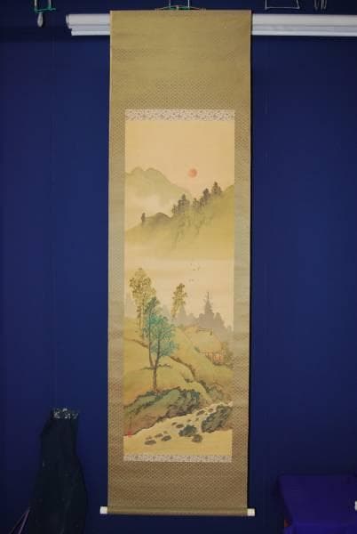 真作/森廣陵/山水人物図/布袋屋掛軸HB-297