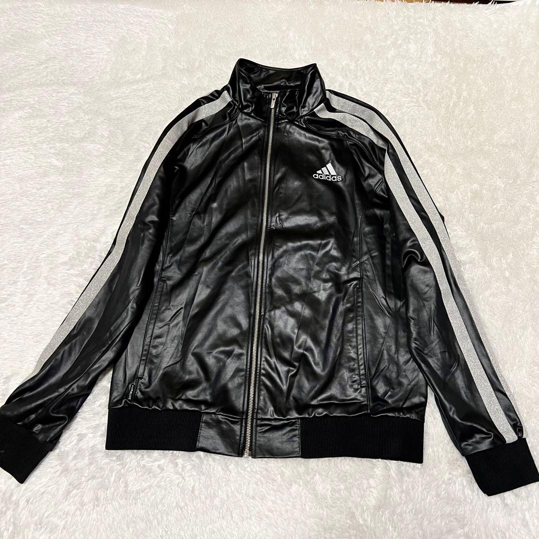 アディダス Oサイズ ジャージ 上下 セットアップ 黒×シルバー ロゴ刺繍