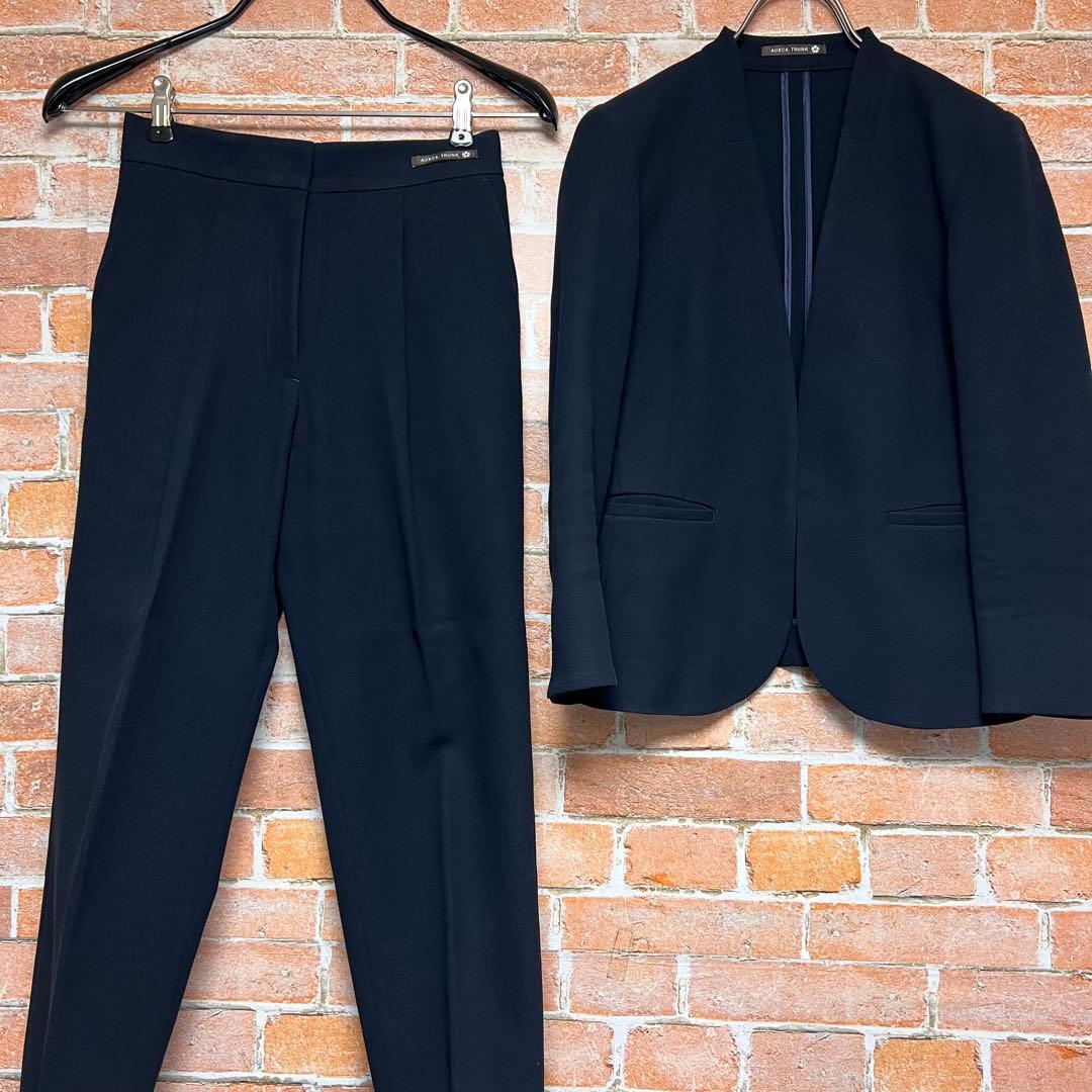 (未使用級)オーカトランク　ノーカラー　コットン　パンツスーツセットアップ　紺色 GeeRA（ジーラ） セットアップ 「2点セット」ウォッシャブル/防シワ/UV