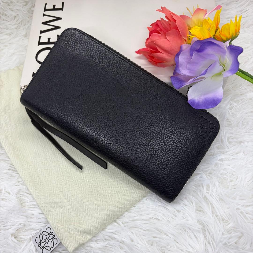 現行/美品✨️ロエベ 長財布 ラウンドファスナー アナグラム 黒 シボ革 極美品 LOEWE ロエベ 長財布 ラウンドファスナー アナグラム レザー 黒