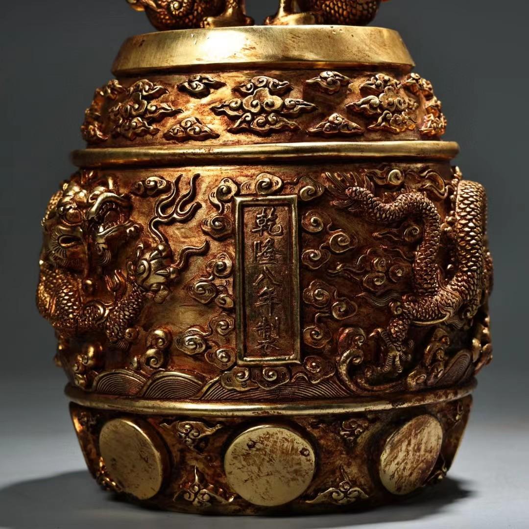 中国古美術・旧蔵鎏金盘龍龍頭付きの鐘・純銅細密彫・純手作り・高浮彫
